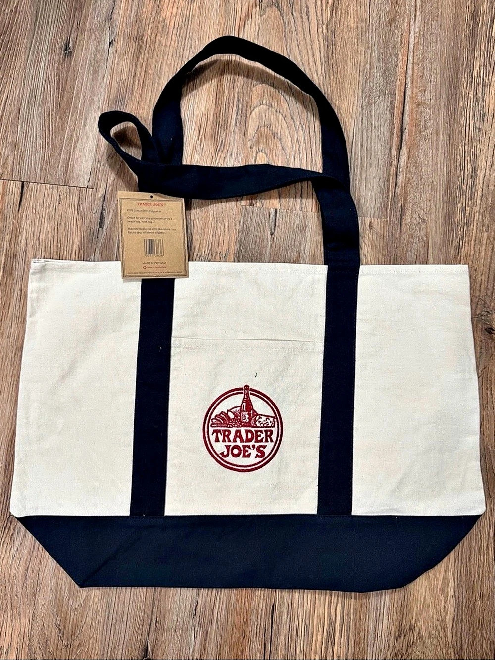 Trader Joe's Large Reusable Canvas Tote Bag Navy & Cream